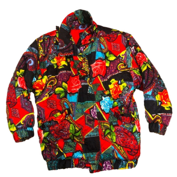 VTG 80s Elements Bright Colourful Floral Paisley Art Print Long Bomber Jacket - Picture 1 of 12